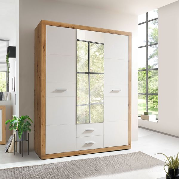 Drehtüren-Kleiderschrank Gelma Eiche Dekor mit Spiegel und Schubladen 151x198cm