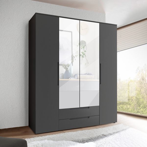 Drehtüren-Kleiderschrank Oradea mit Spiegel und Schubladen