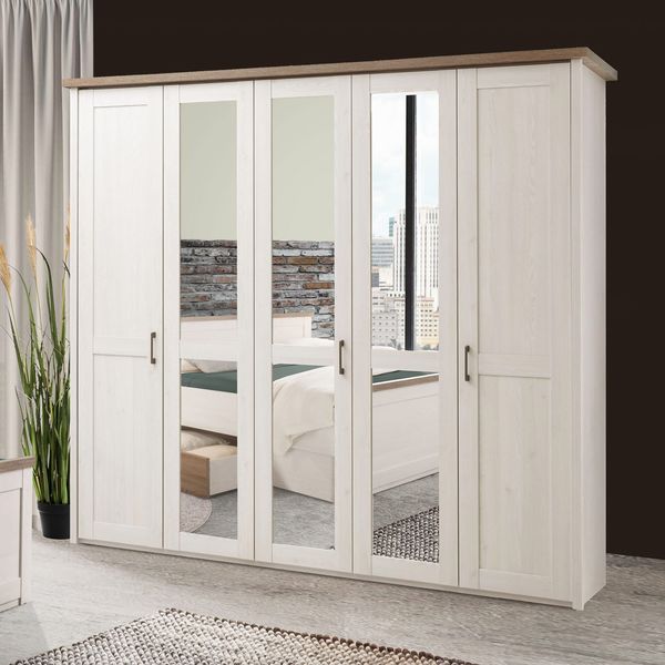 Drehtüren-Kleiderschrank Jordi Pinie Dekor mit Spiegel 241x212cm