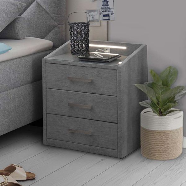 Polsternachttisch Bolton Webstoff H 61cm mit LED-Beleuchtung und USB-Anschluss