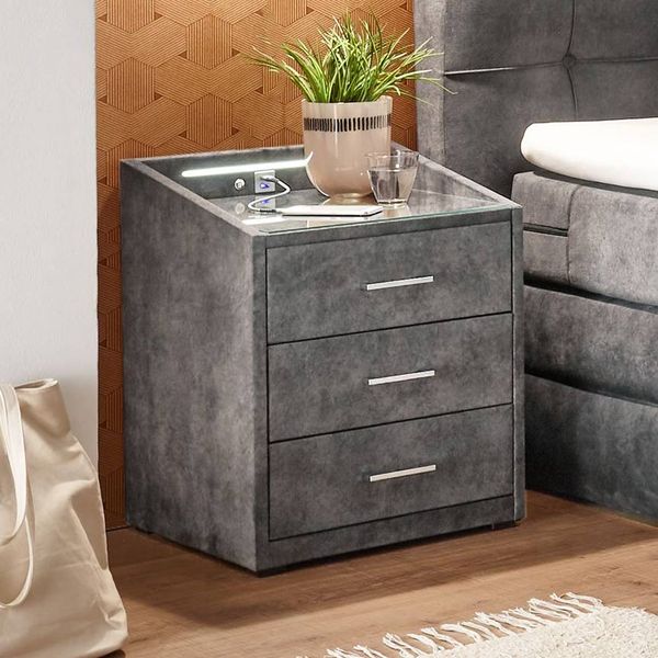set one Polsternachttisch Richmond Microvelours H 61cm mit LED-Beleuchtung und USB-Anschluss