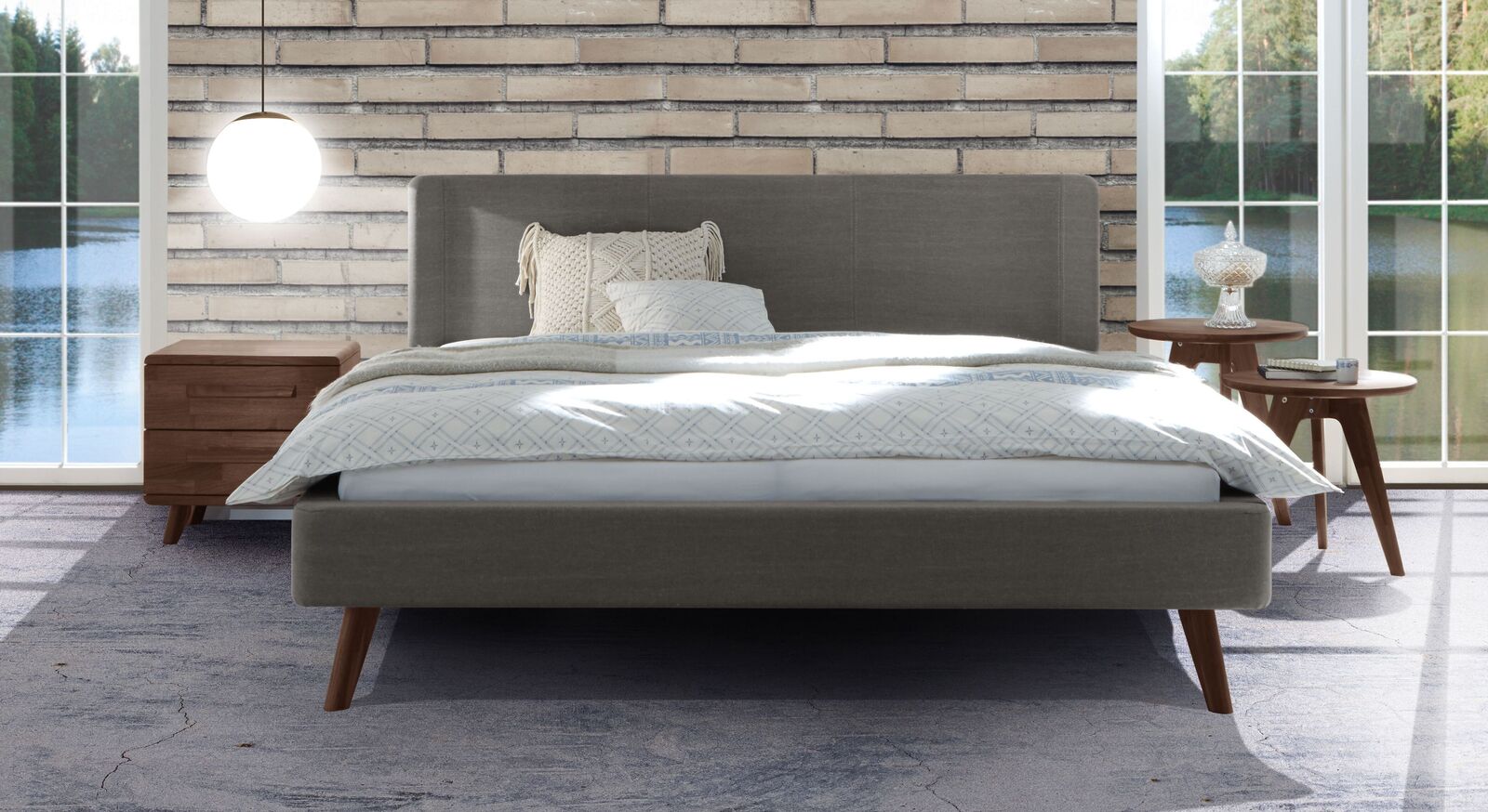 Modernes Bett Lovisa mit grauem Stoffbezug