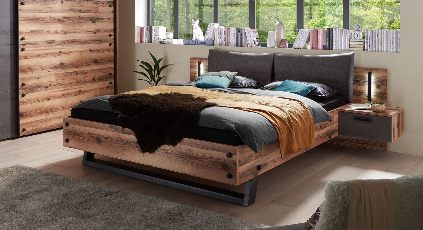 Bett mit Nachttischen Rocca mit schönem Dekor in Holz und Beton