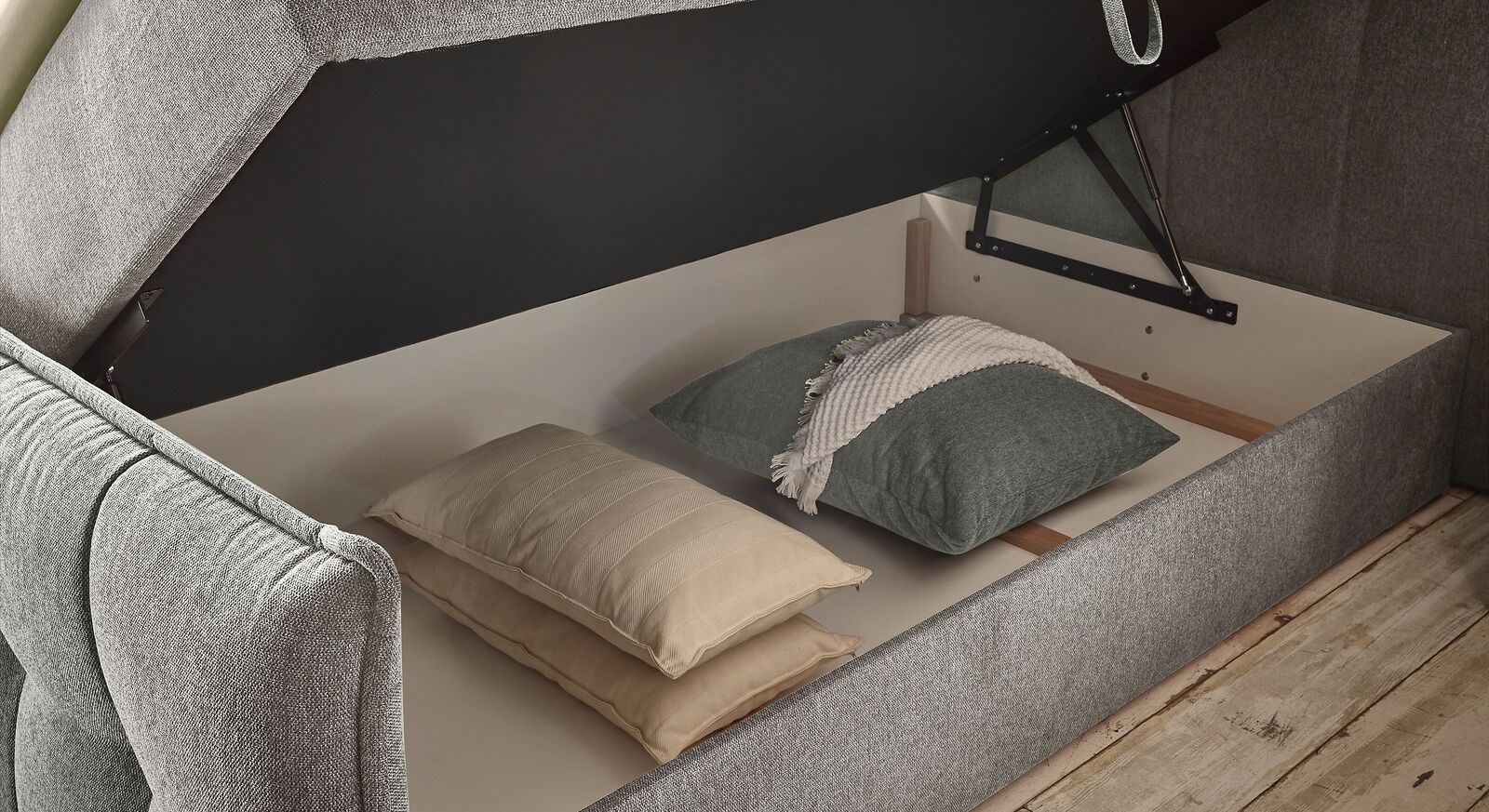 Bettkasten-Einzel-Boxbett Darcy mit praktischer Gasdruckfeder