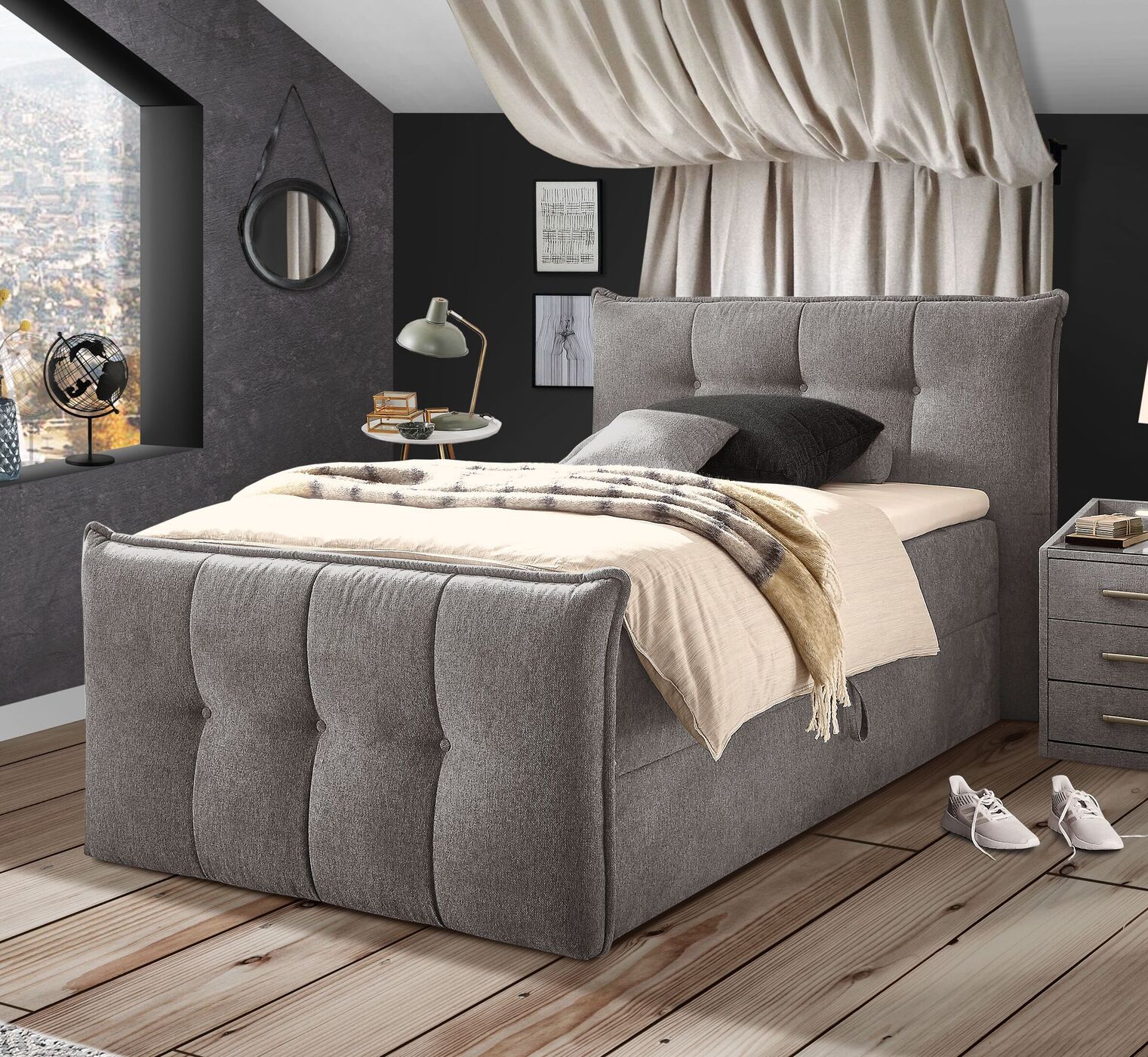 Bettkasten-Einzel-Boxbett in Grau mit erhöhtem Fußteil - Darcy