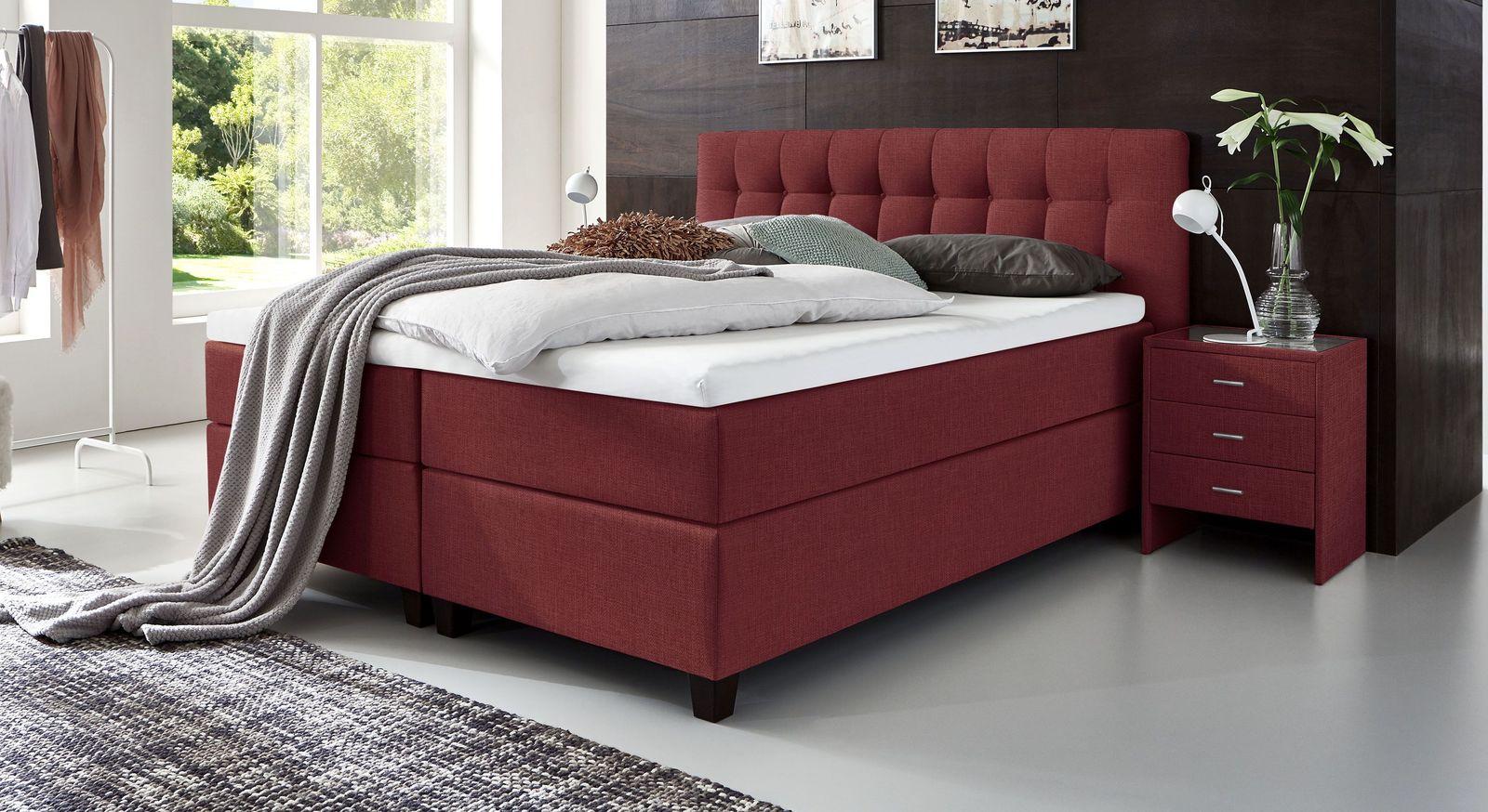 66 cm hohes Boxspringbett Luciano aus meliertem Webstoff in Rot