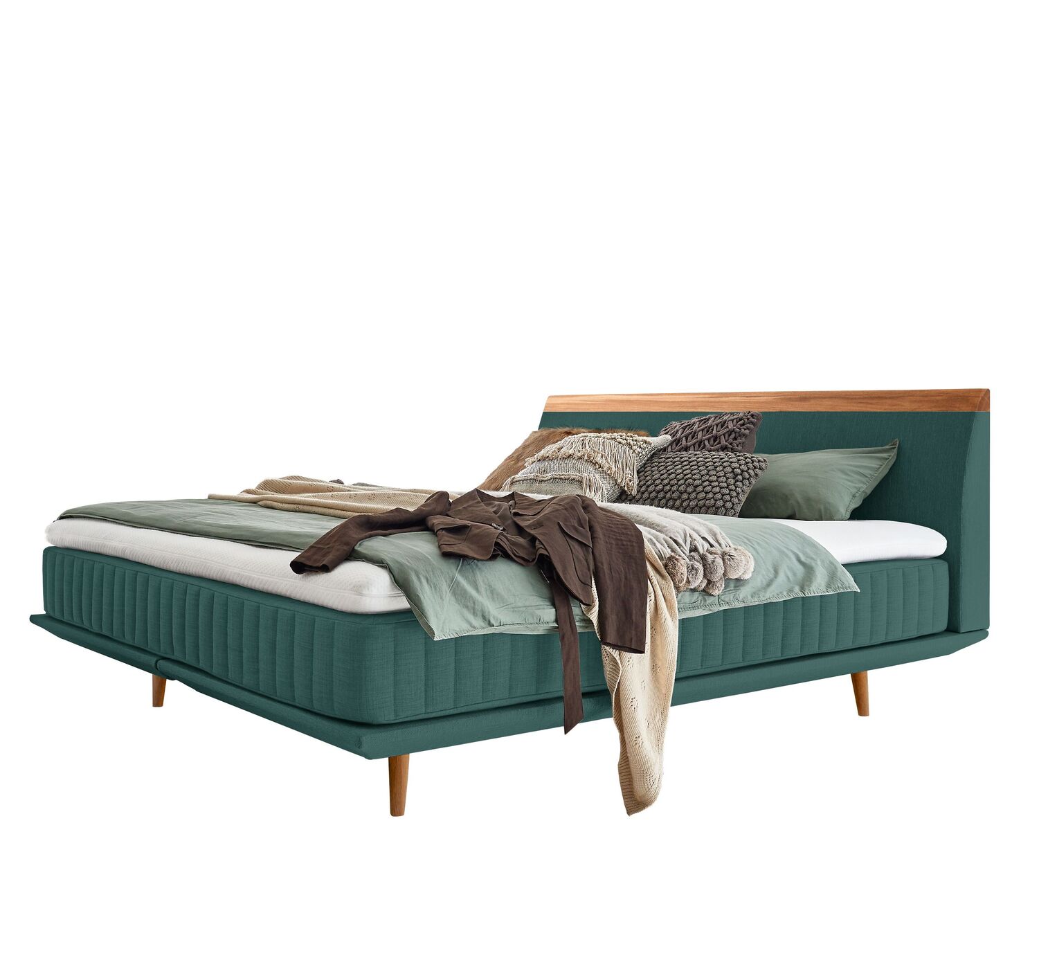 Blaugraues Polster Bett Morsina 50 cm Einstiegshöhe mit Vierfußgestell aus  Holz