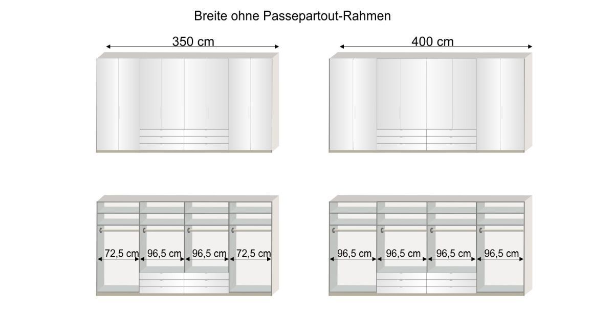 Grafik zur Inneneinteilung des 300 - 400 cm breiten Funktions-Kleiderschranks Elmira