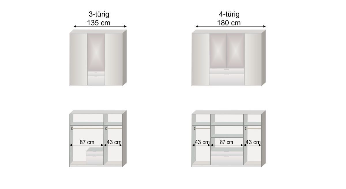 Grafik zur Inneneinteilung des 3- und 4-türigen Funktions-Kleiderschranks Esperia mit Spiegel