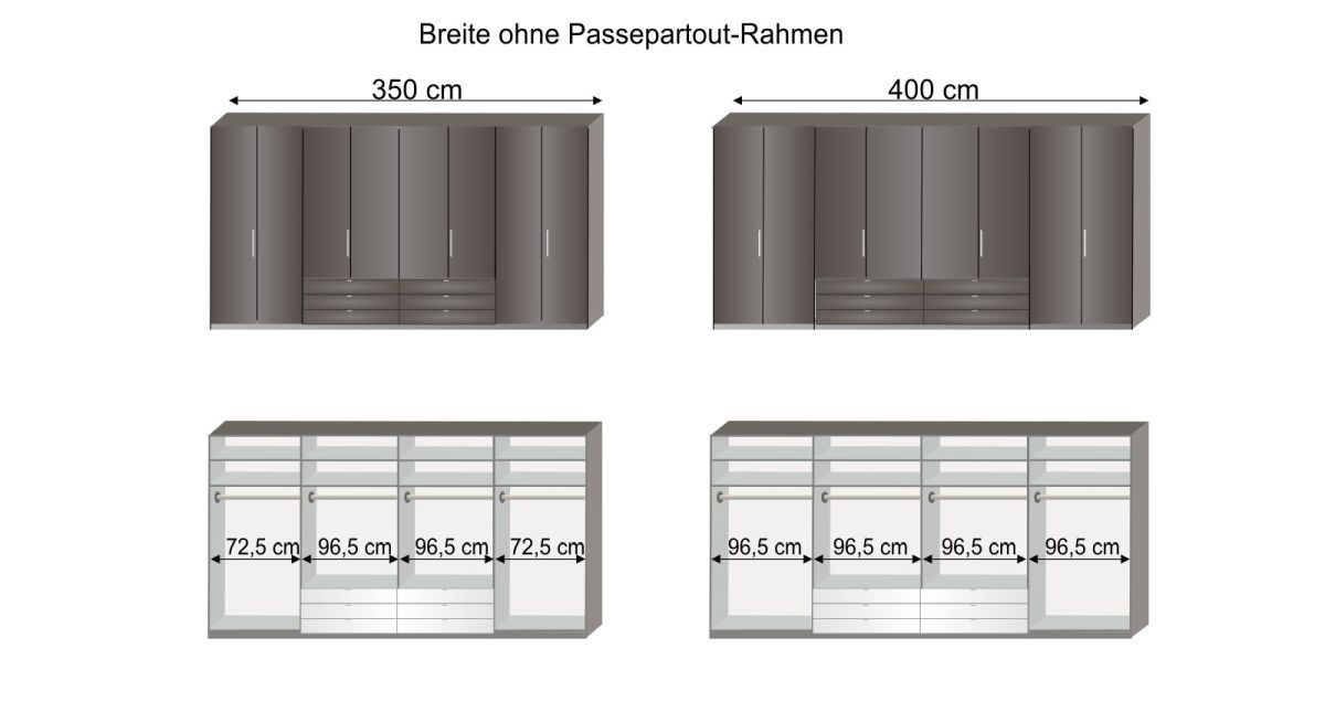 Grafik zur Inneneinteilung des Funktions-Kleiderschranks Harrow 300 cm und 400 cm Breite
