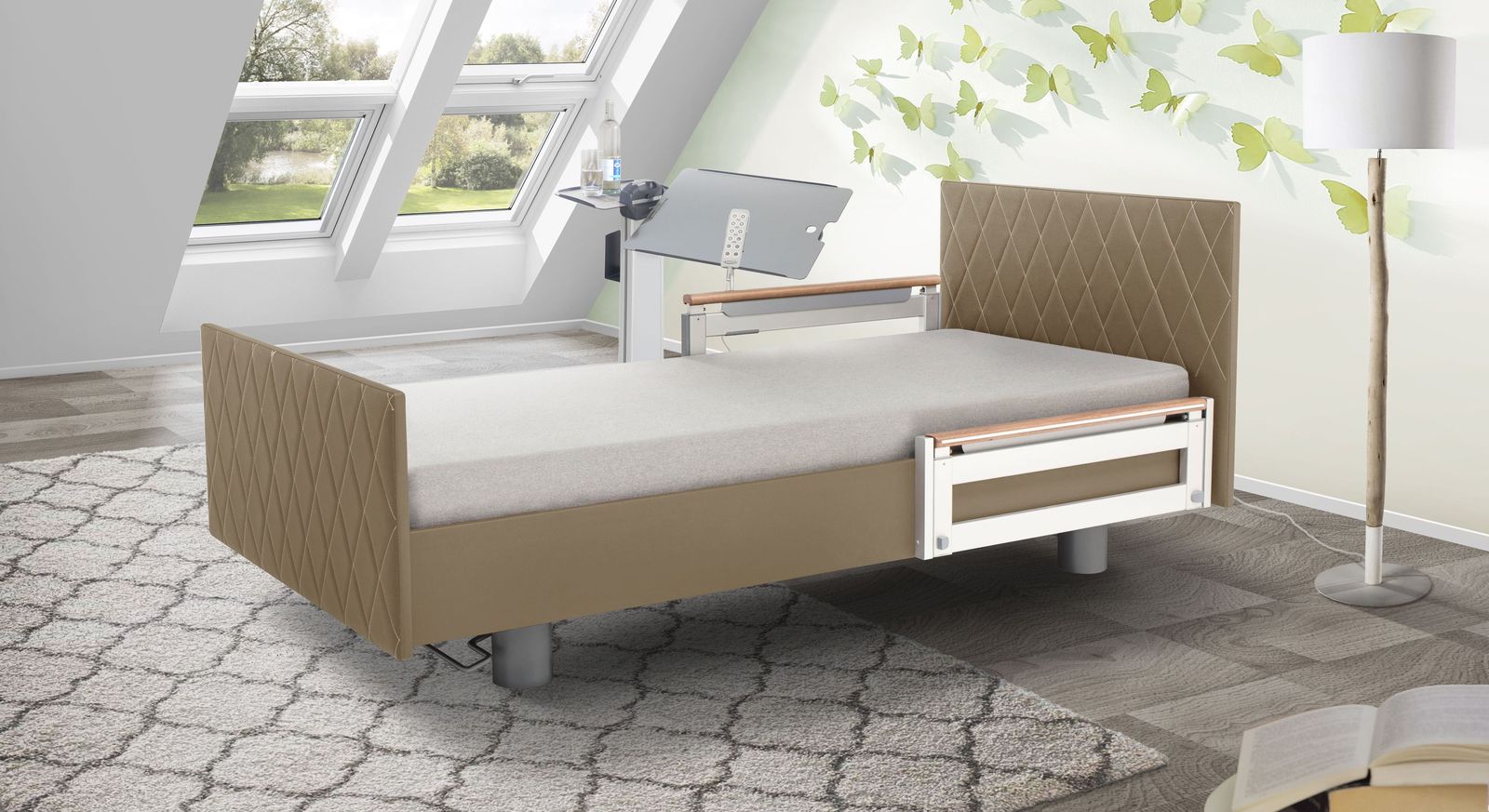 Komfortbett mit Pflegebett-Funktion Borkum mit taupefarbenem Kunstlederbezug