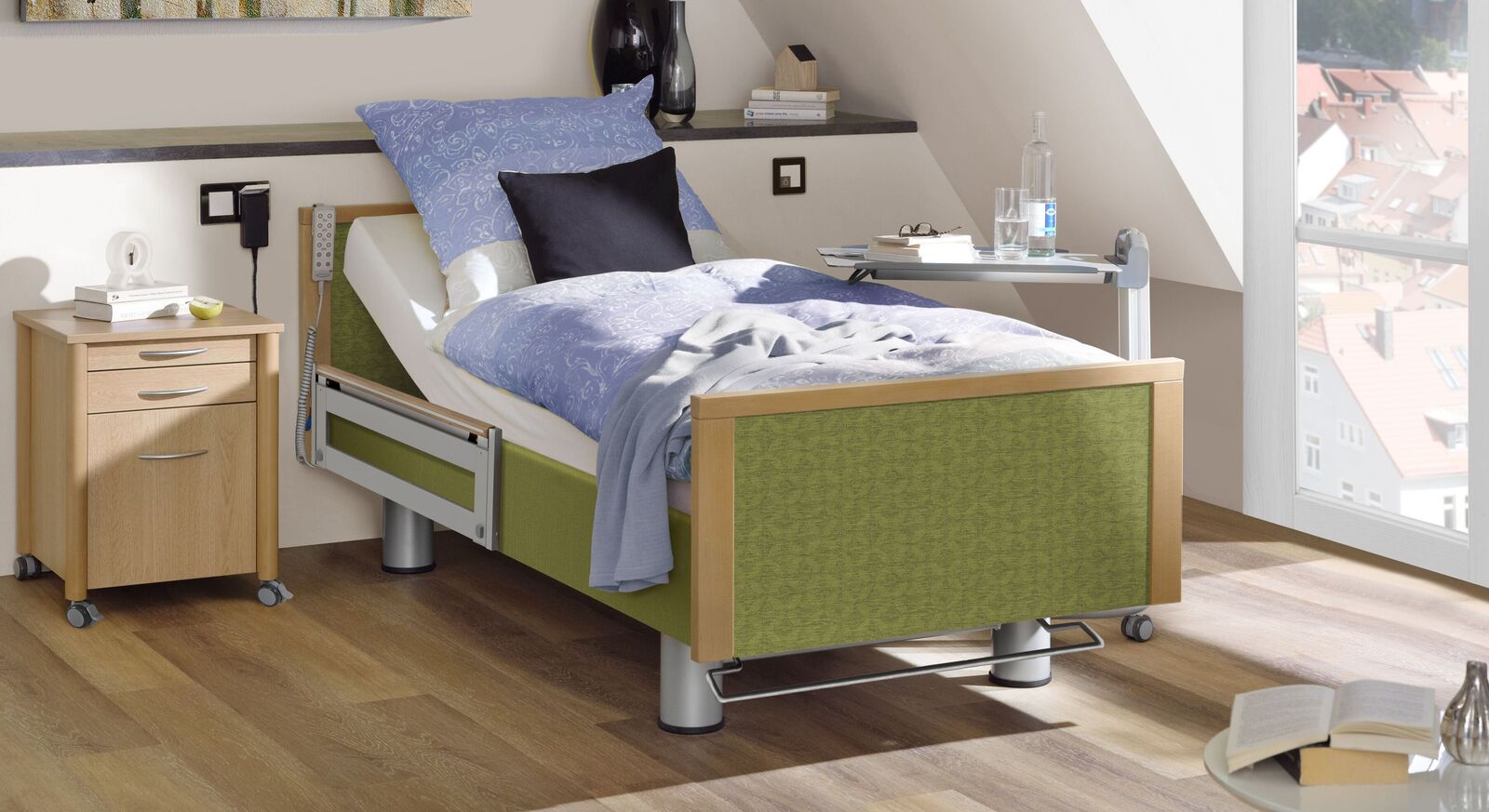 Komfortbett mit Pflegebett-Funktion Sylt aus grünem Stoff
