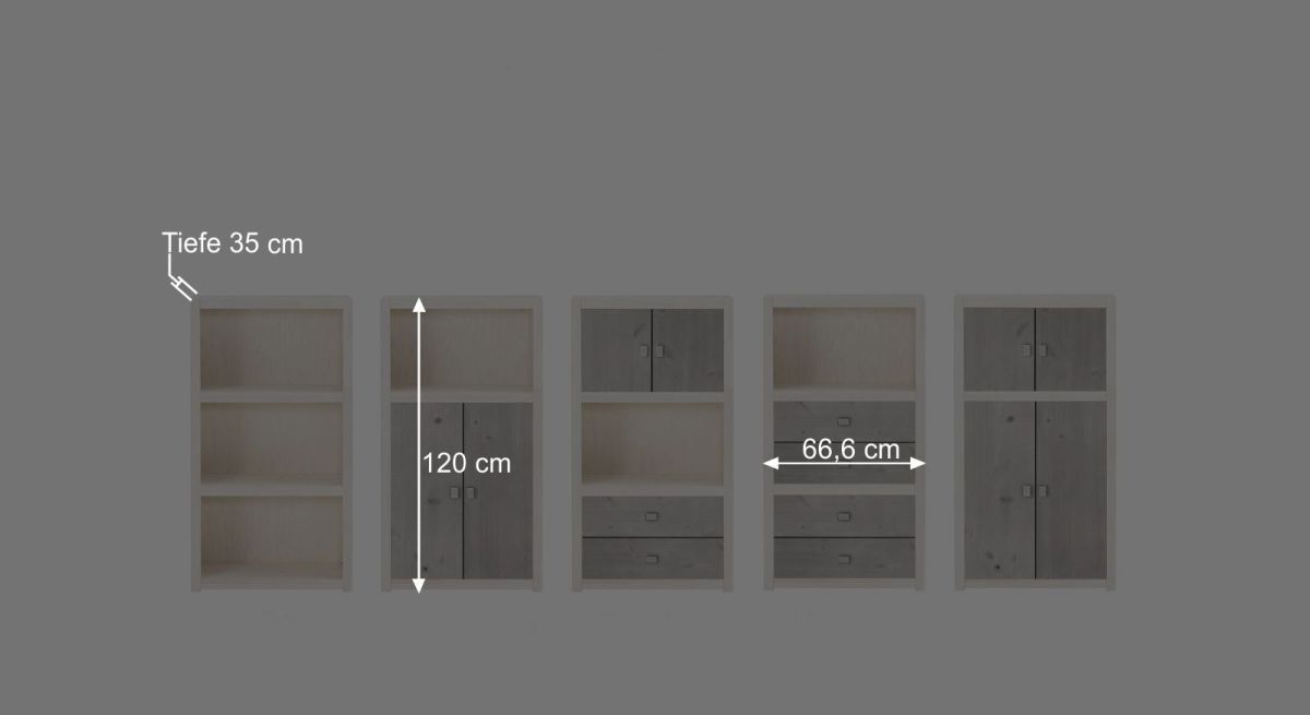 Bemaßungs-Skizze zum LIFETIME Regalsystem Original H120cm