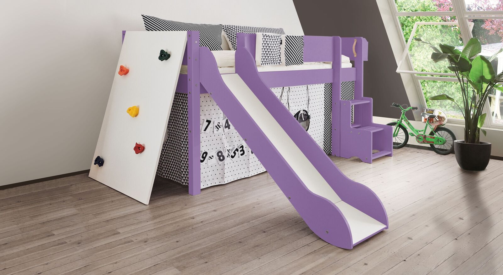 Mini-Rutschen-Hochbett Kids Town Color mit Kletterwand in Violett