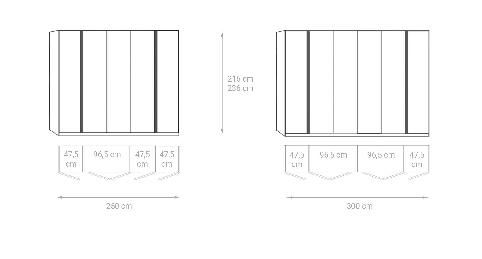 Maßgrafik der MUSTERRING Falttüren-Kleiderschränke Sala in 250cm und 300cm Breite