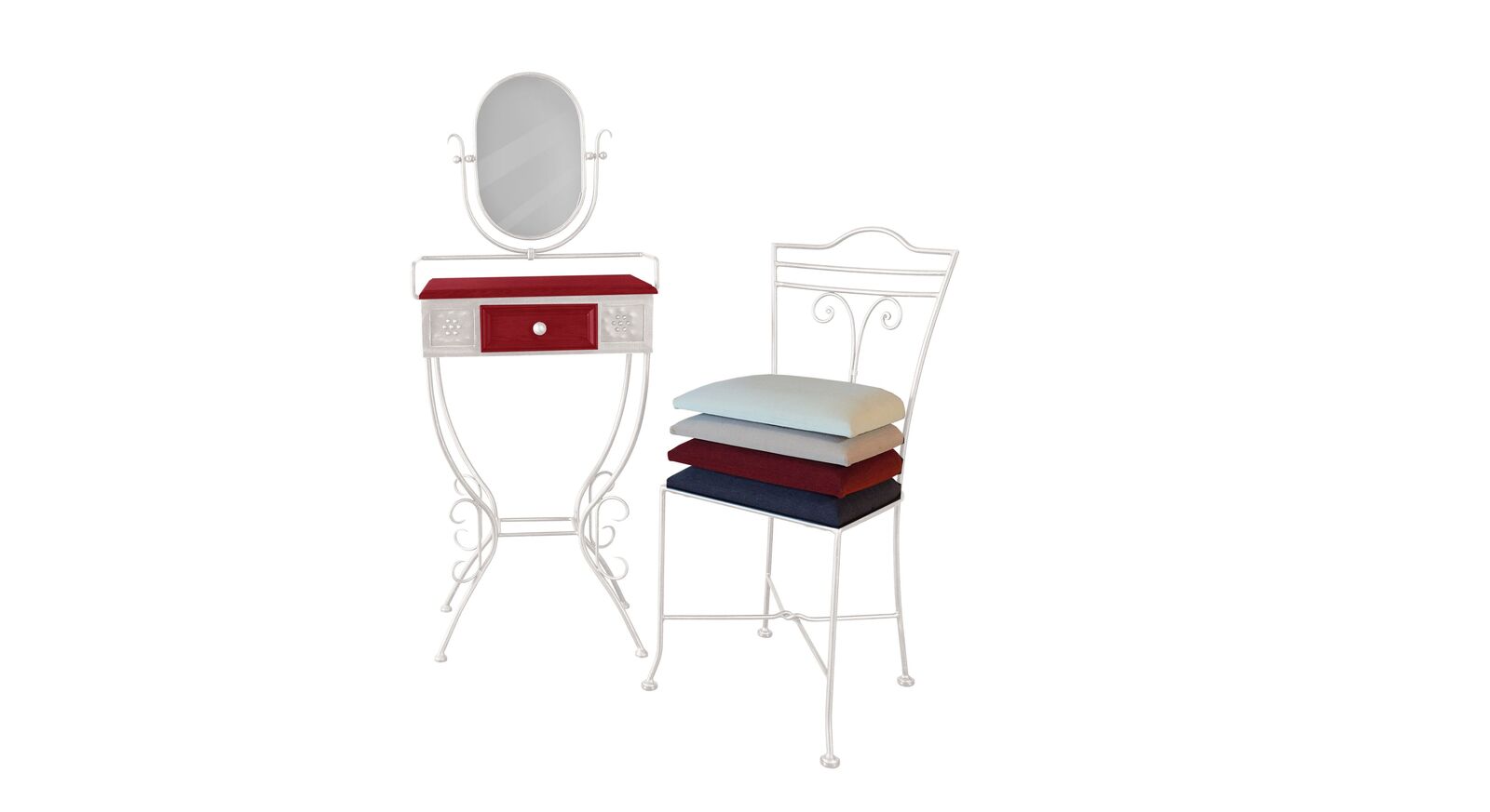 Schminktisch und Stuhl Loria aus weißem Metall und rotem Holz