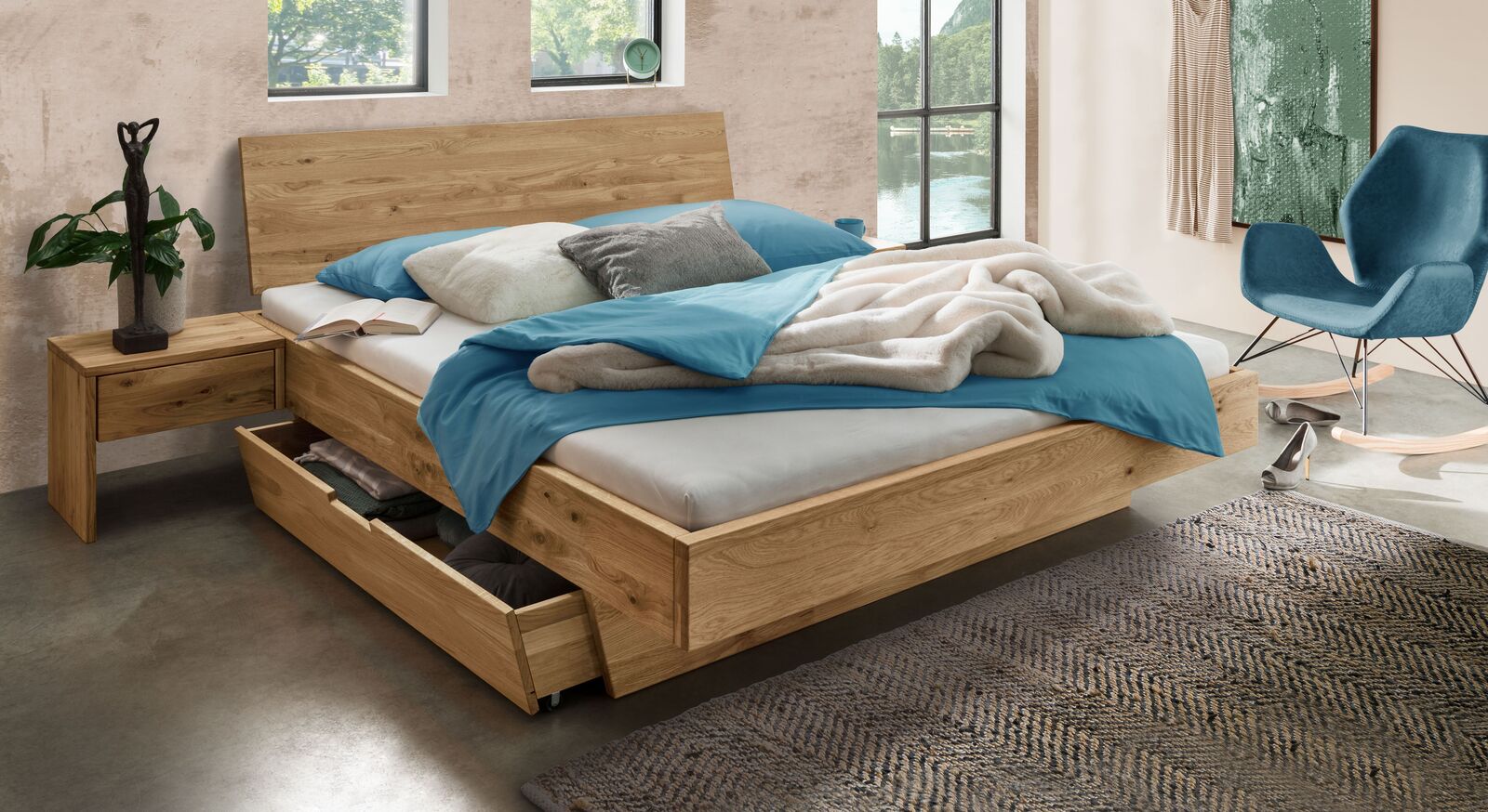 Schubkasten-Bett Adrien aus Wildeiche-Massivholz