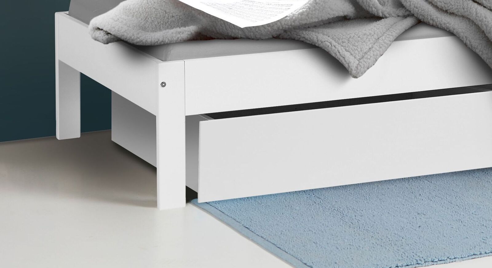 Schubkasten-Bett Tacora mit geteilten Schubladen
