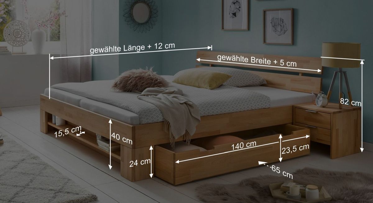Bemaßungs-Grafik zum Schubkasten-Bett Valisia