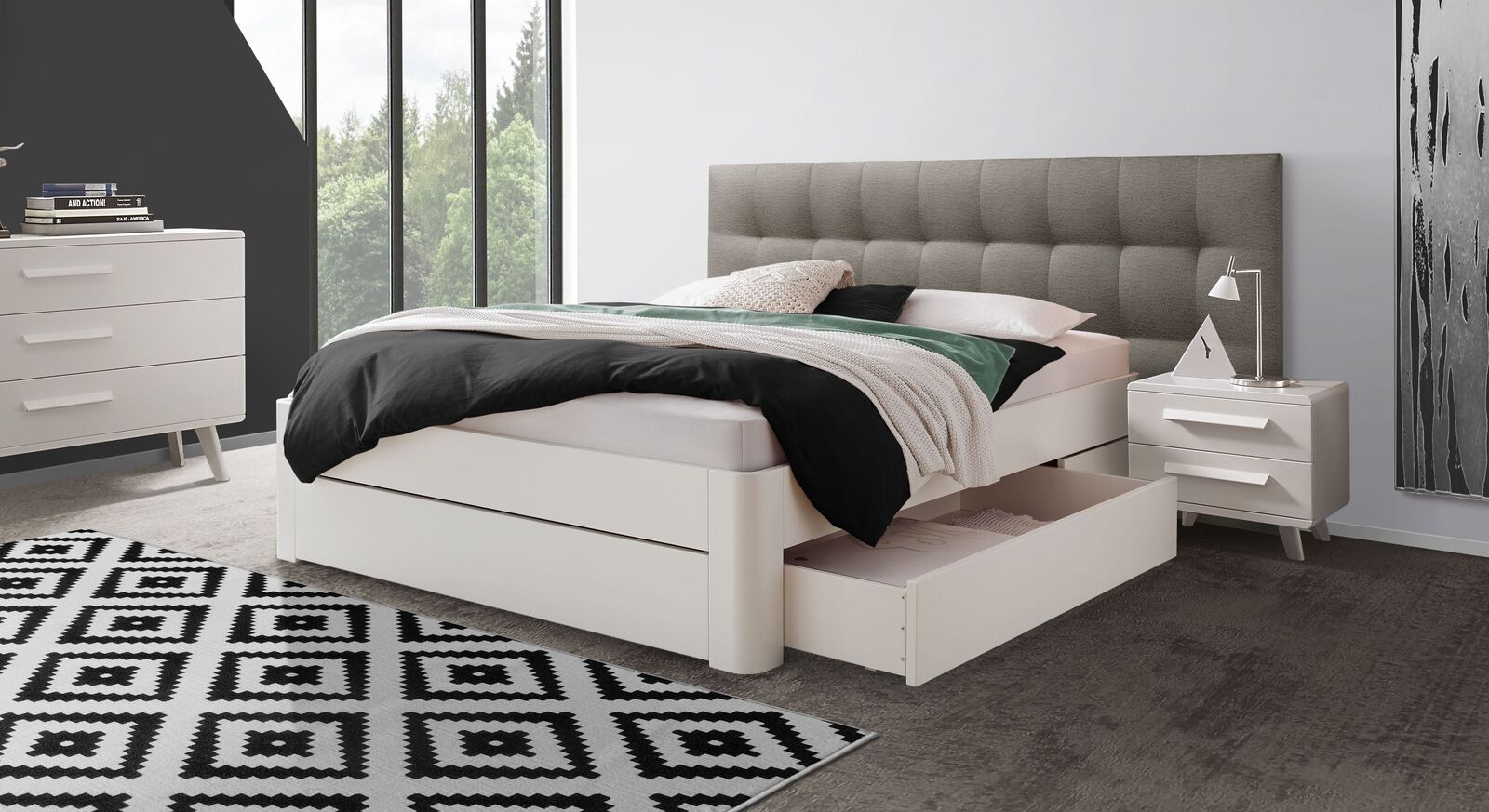 Schubkasten-Doppelbett Nimario mit Wandpaneel in Farbe Umbra