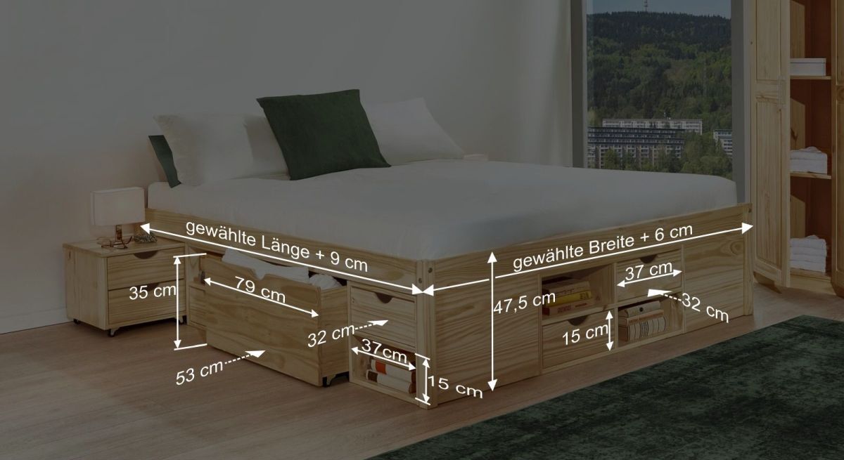 Bemaßungsgrafik zum Schubkasten Doppelbett Oslo