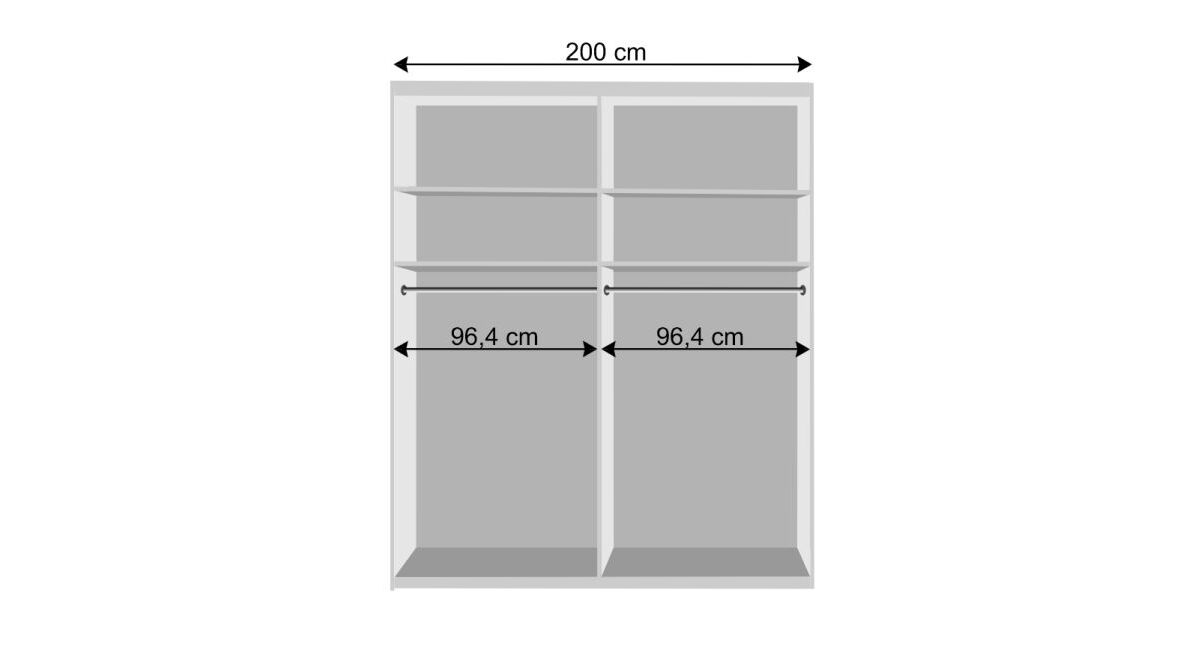Bemaßungsgrafik des Schwebetüren-Kleiderschranks Chandolin mit 200cm Breite (Inneneinteilung)