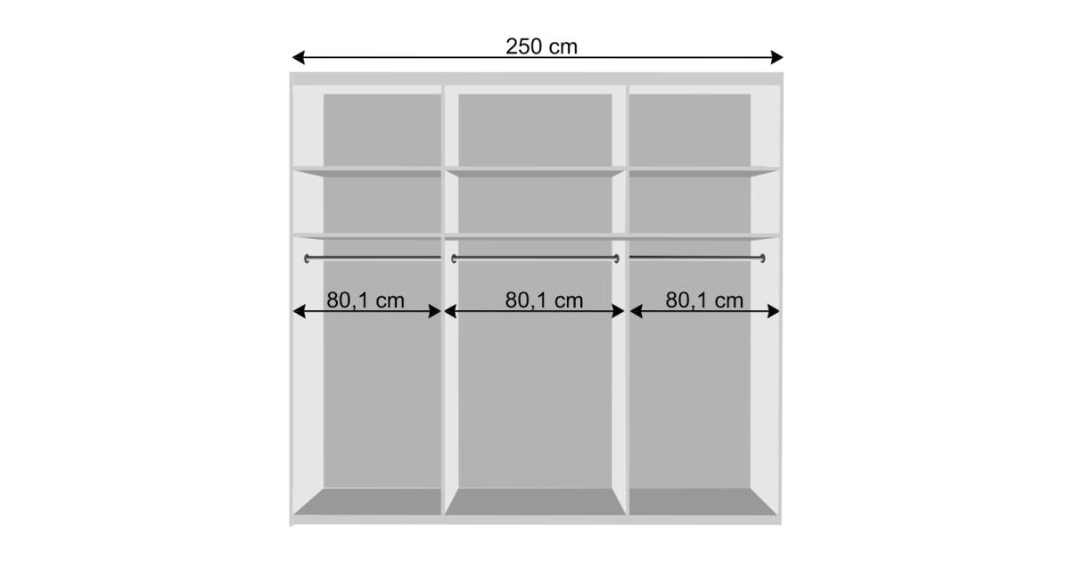 Bemaßungsgrafik des Schwebetüren-Kleiderschranks Chandolin mit 250cm Breite (Inneneinteilung)