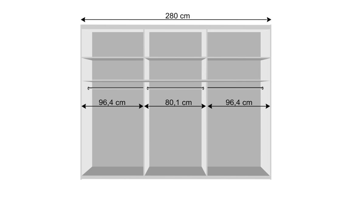 Bemaßungsgrafik des Schwebetüren-Kleiderschranks Chandolin mit 280cm Breite (Inneneinteilung)