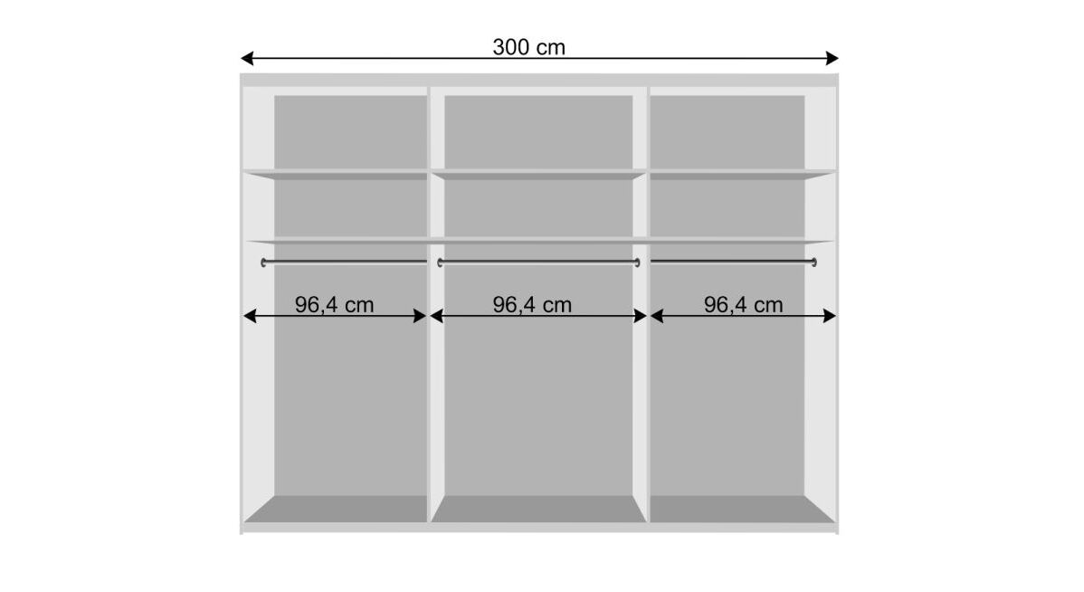 Bemaßungsgrafik des Schwebetüren-Kleiderschranks Chandolin mit 300cm Breite (Inneneinteilung)
