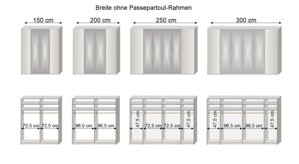 Grafik zur Inneneinteilung des 150-300 cm breiten Spiegel-Falttüren-Kleiderschranks Westville