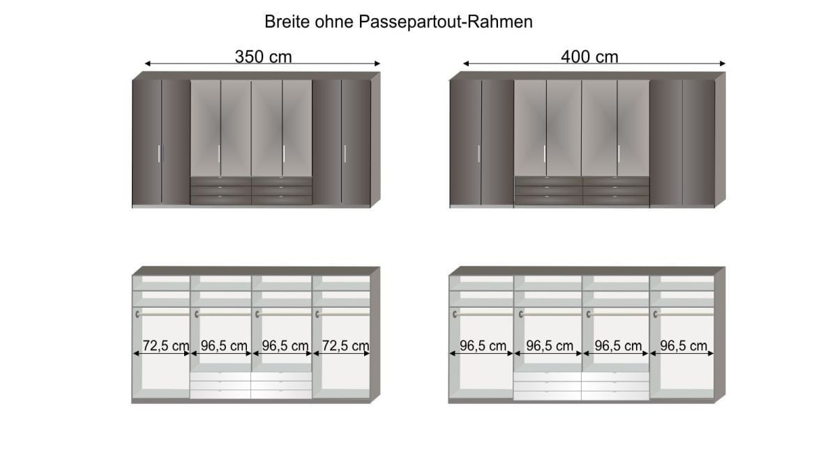 Grafik zur Inneneinteilung des Spiegel-Kleiderschranks Harro in 350 cm und 400 cm Breite