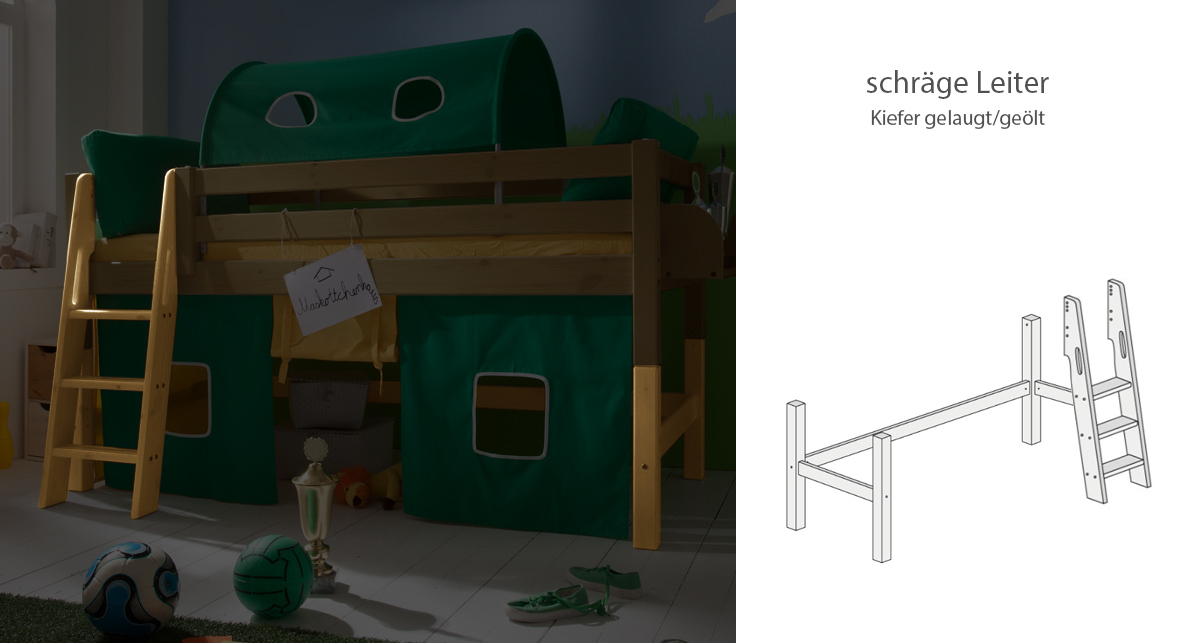 Umbauset zum Mini-Hochbett Kids Paradise mit schräger Leiter aus Kiefer gelaugt