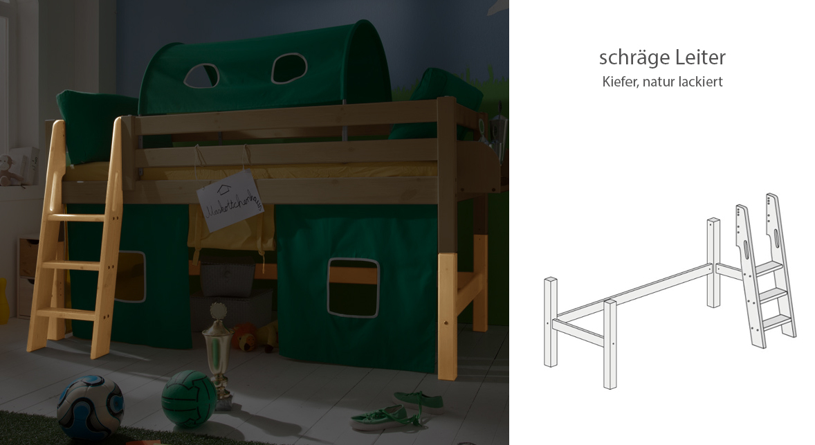 Umbauset zum Mini-Hochbett Kids Paradise mit schräger Leiter aus Kiefer natur