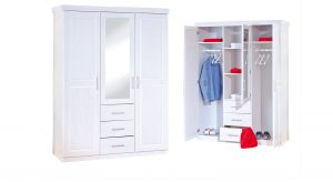 Massivholz-Kleiderschrank Genf in Weiß mit Spiegel und praktischen Schubladen - für Studenten-Schlafzimmer perfekt geeignet.