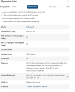 Liegeegefühl Eigenschaften